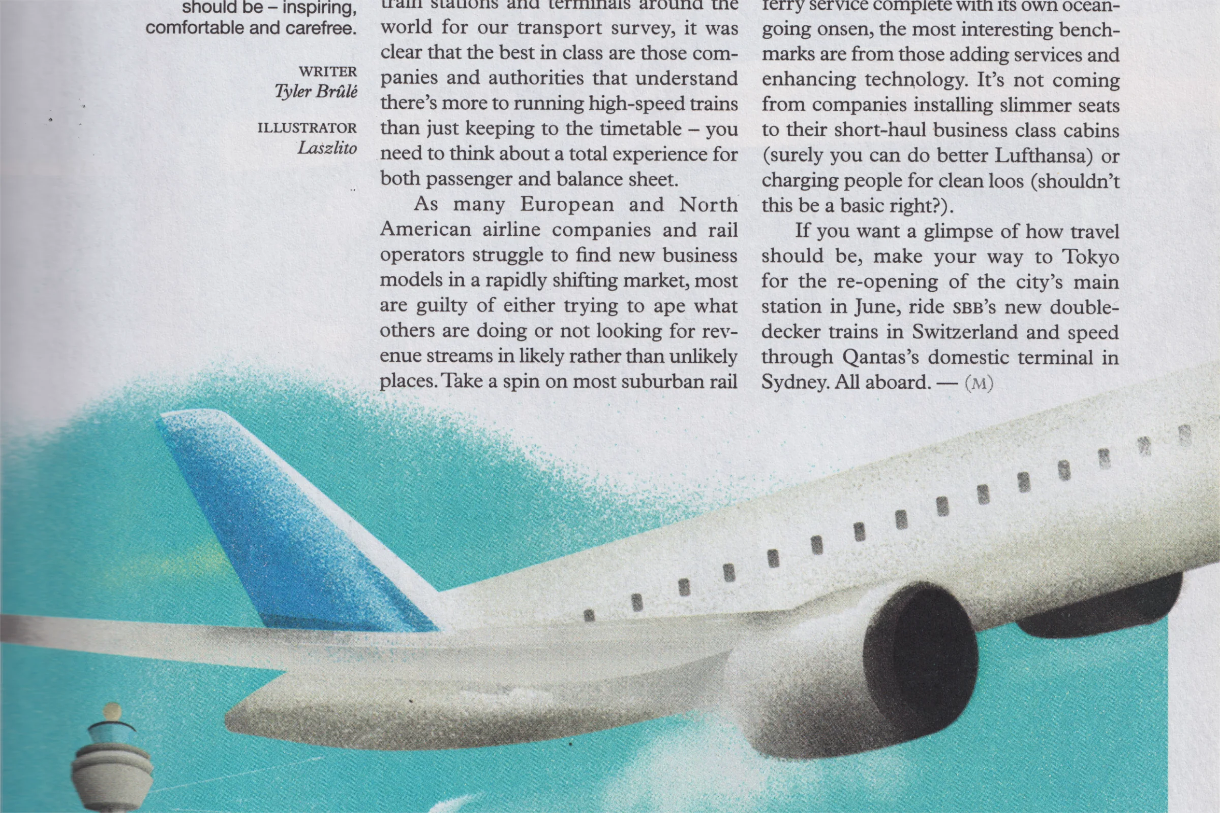 Monocle issue 54 — editorial illustration for Tyler Brûlé’s transport survey, an airliner in flight over a turquoise field