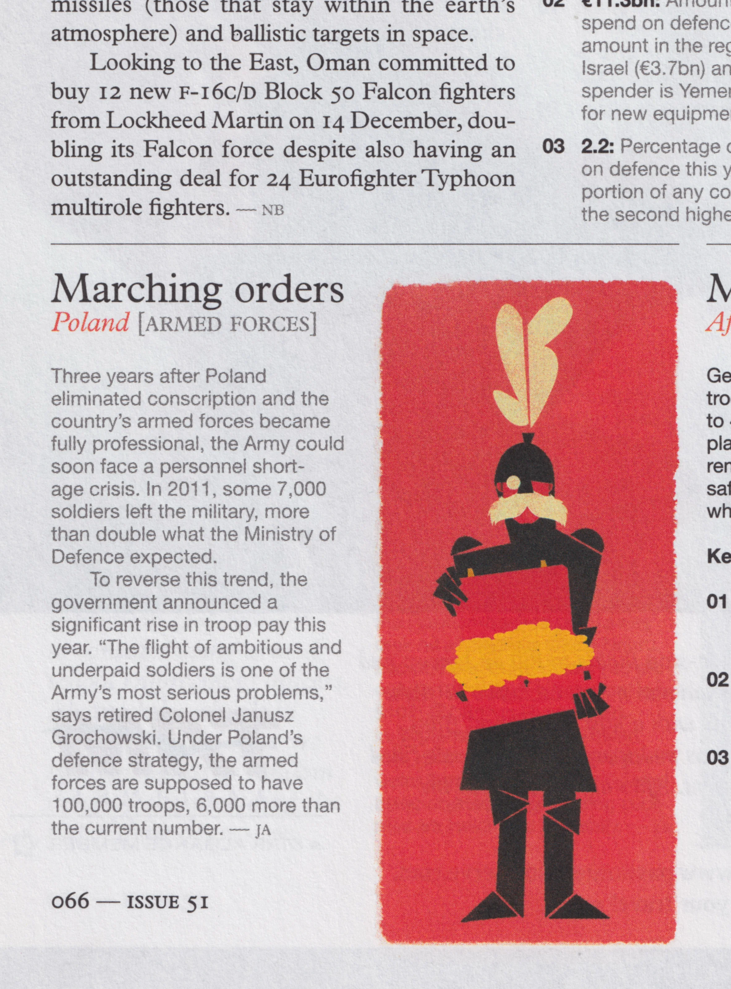 Monocle issue 51 — Marching orders, a plumed soldier holding a placard on a red field