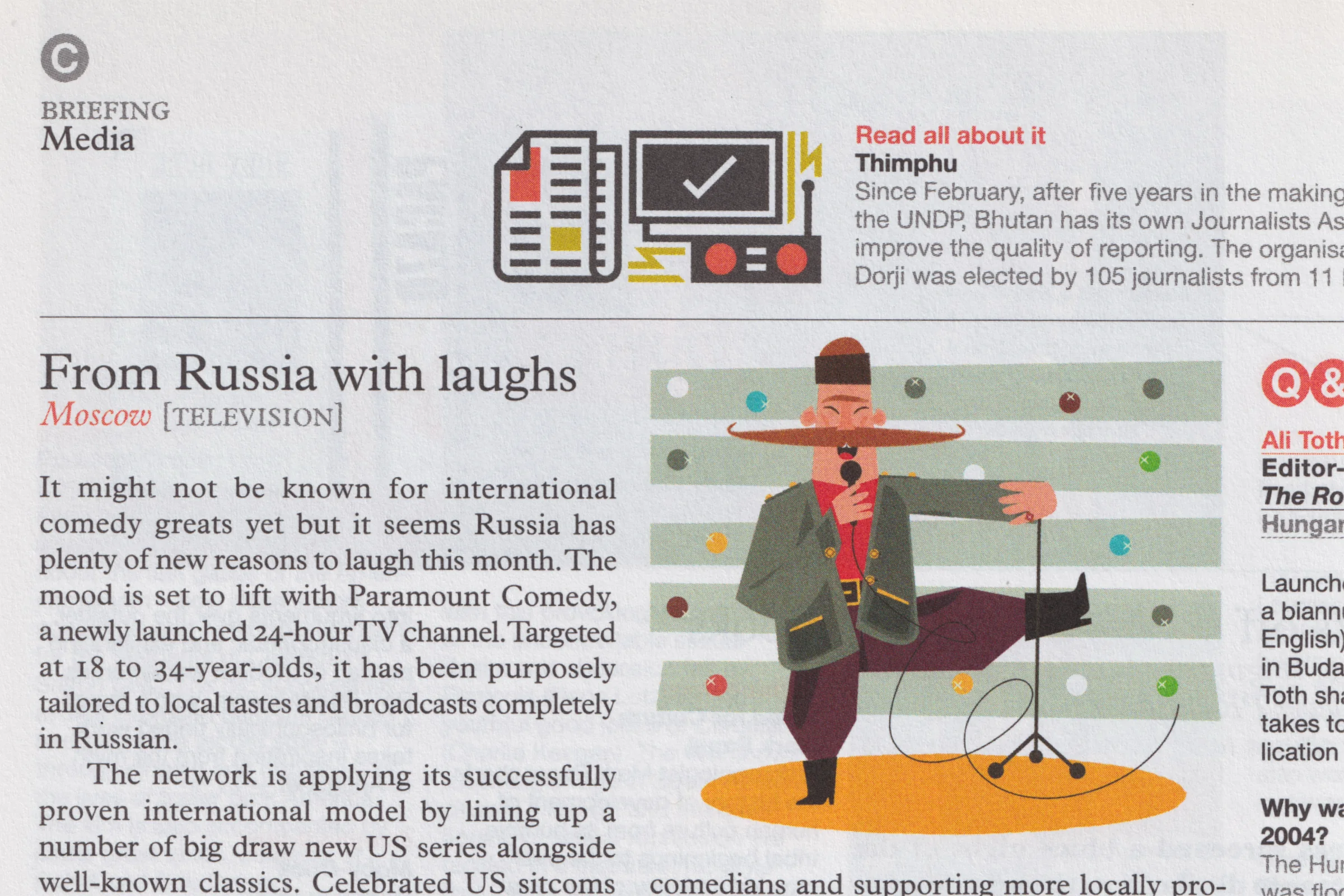 Monocle issue 52 — From Russia with laughs, a moustachioed performer balancing a microphone