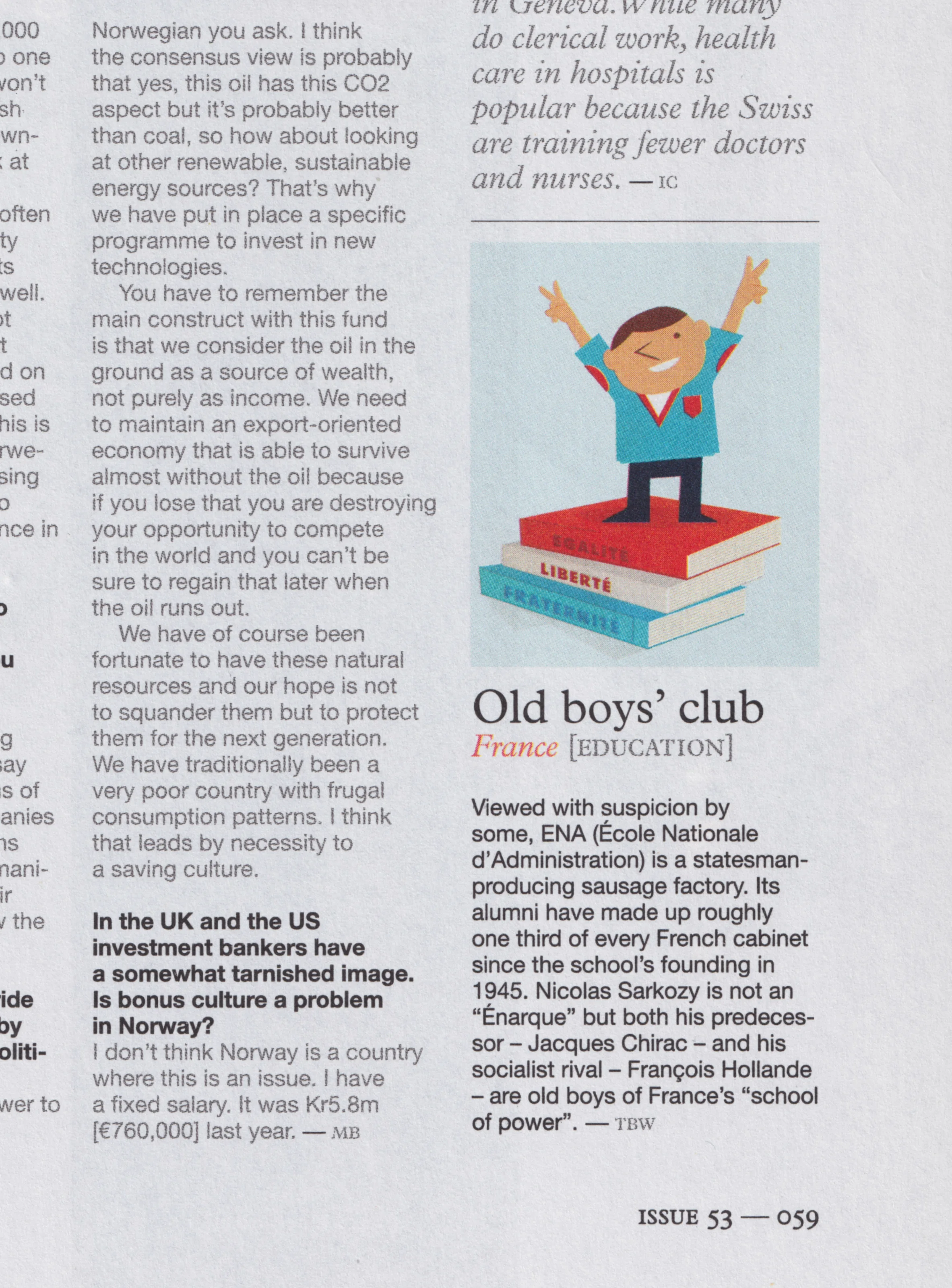 Monocle issue 53 — Old boys' club, a figure standing arms raised on a stack of books lettered Liberte and Fraternite