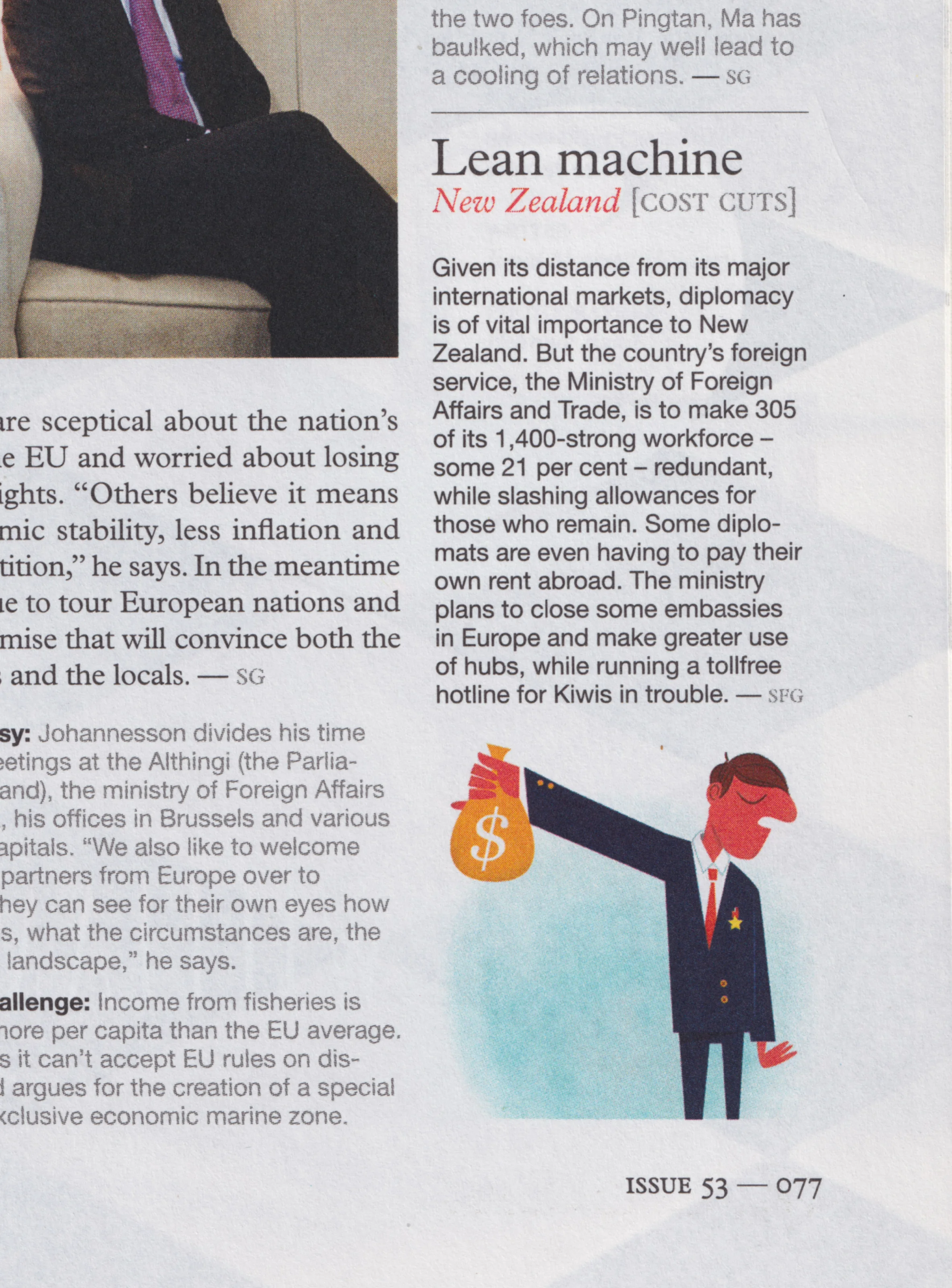 Monocle issue 53 — Lean machine, a diplomat holding out a money bag at arm's length