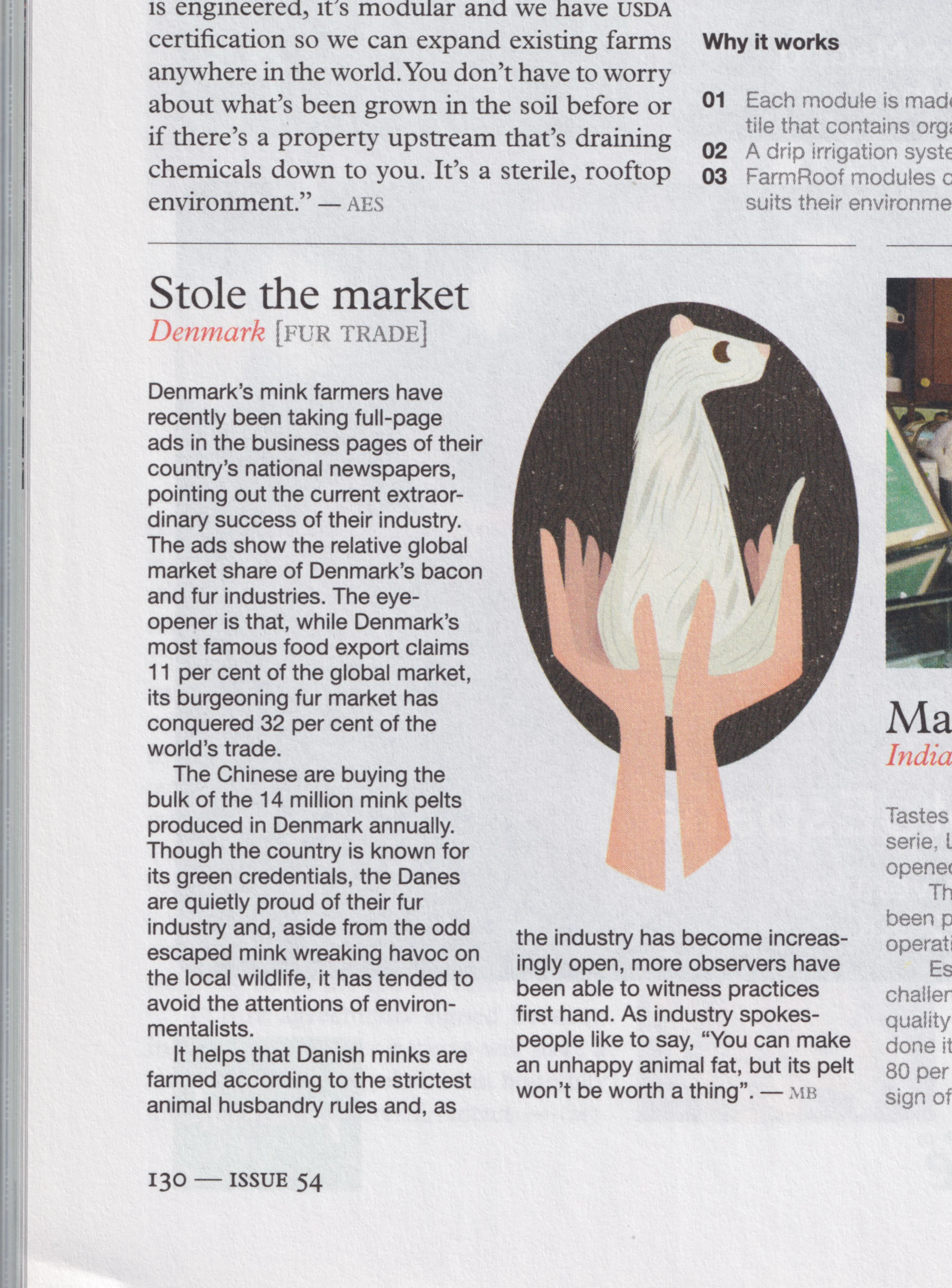 Monocle issue 54 — Stole the market, a mink held up in two hands inside a dark oval