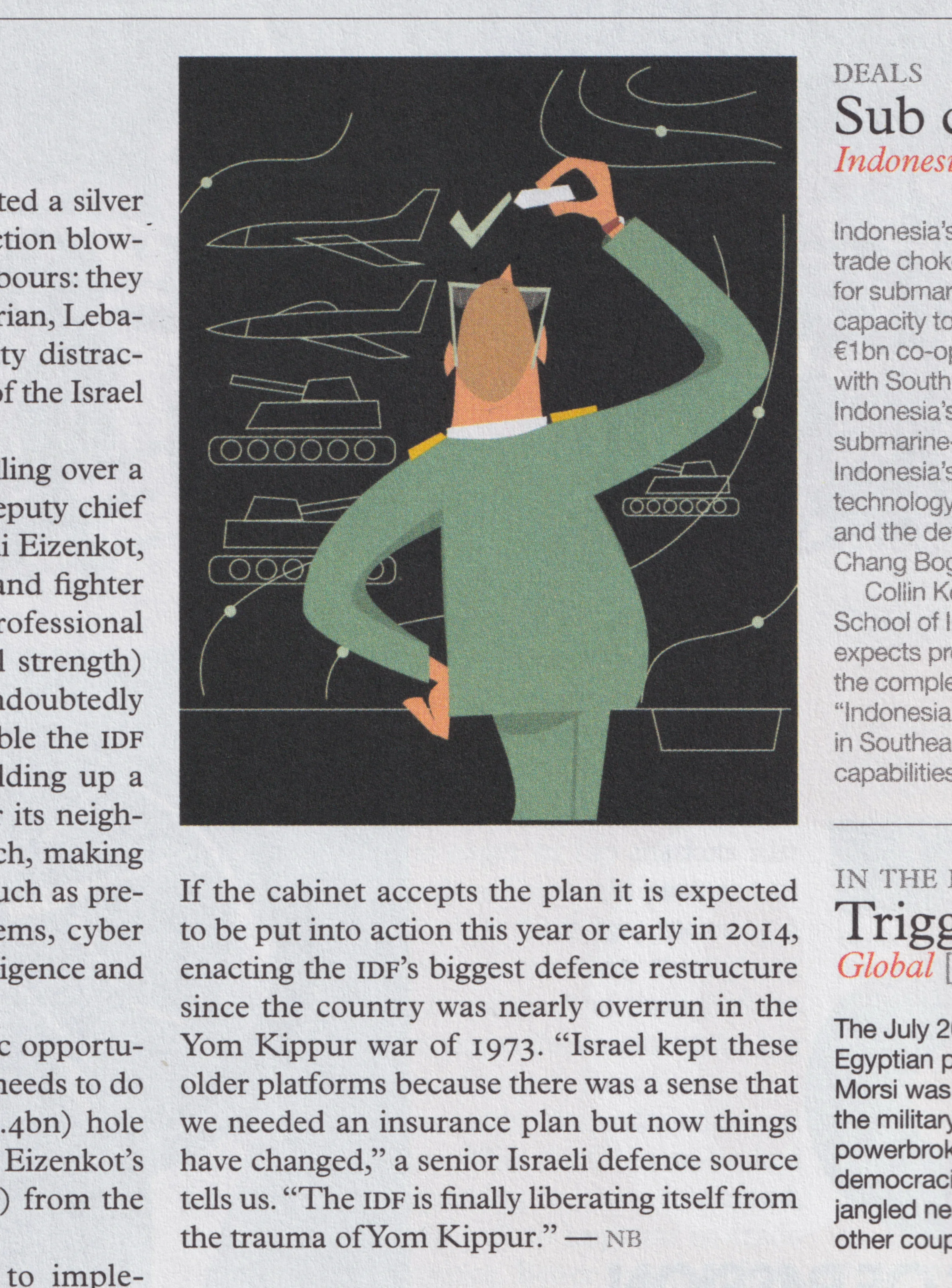 Monocle issue 67 — a defence official ticking off aircraft and tanks drawn on a dark wall