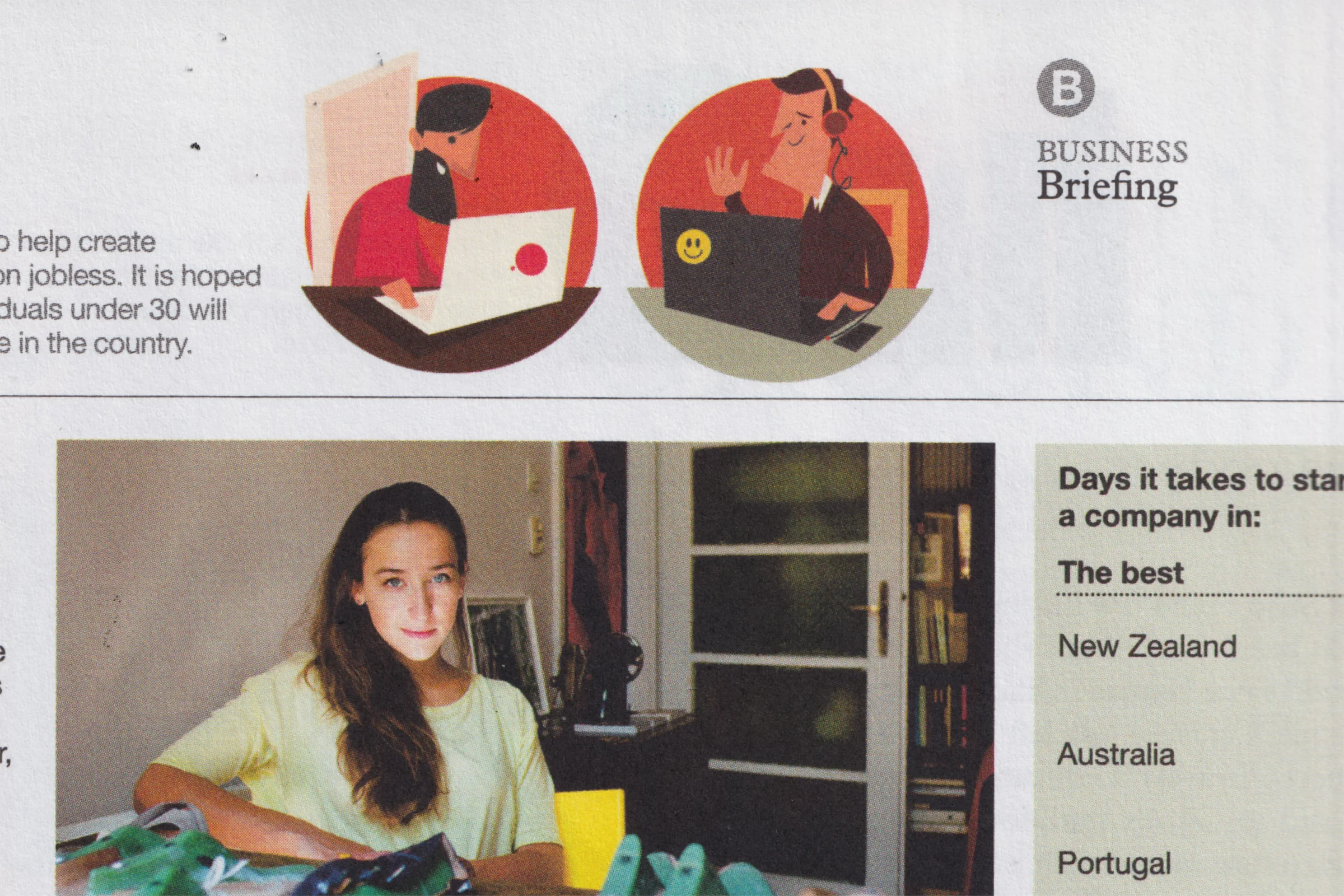 Monocle issue 70 — two roundel illustrations of remote workers at laptops opening the Business Briefing