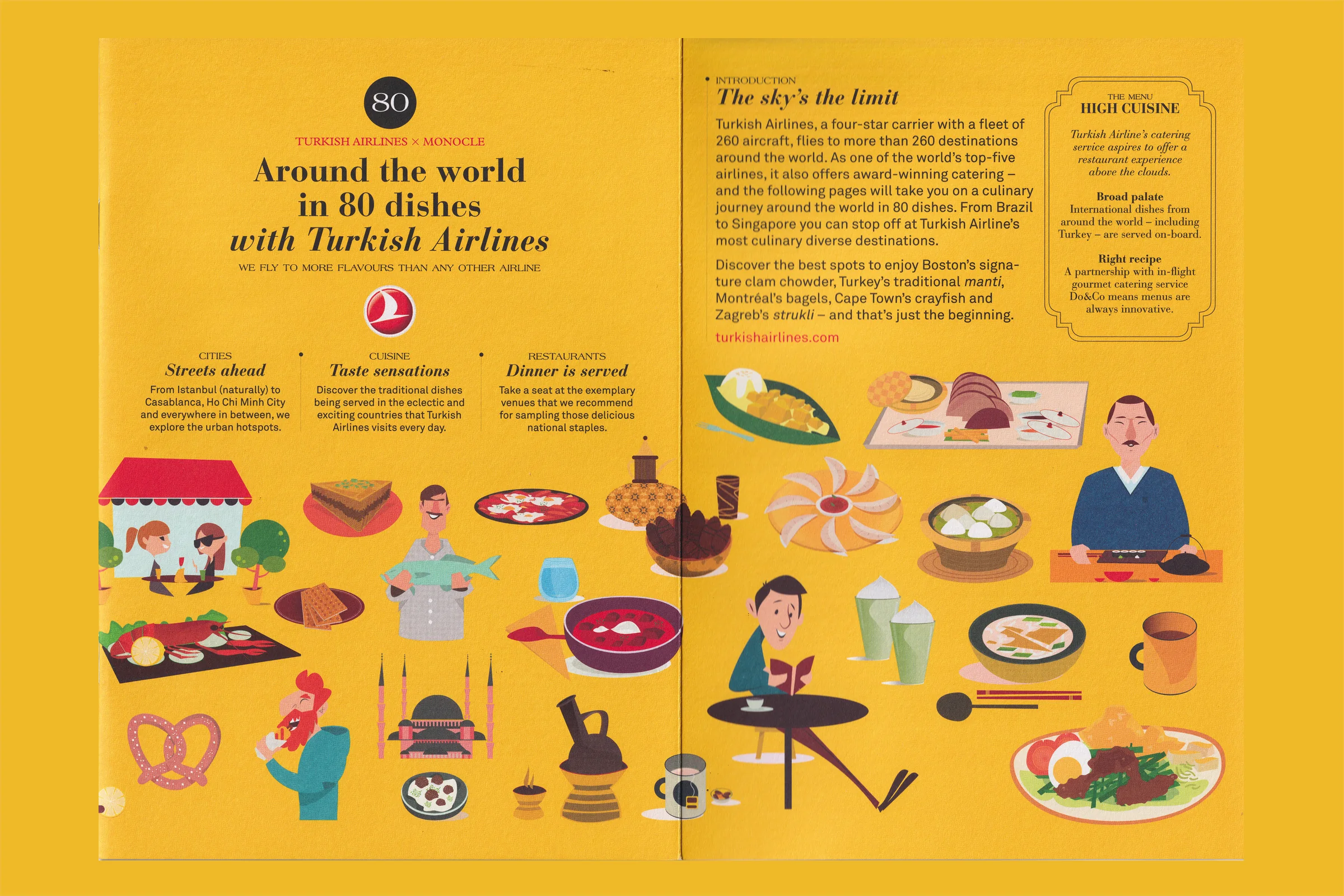 Around the world in 80 dishes with Turkish Airlines — the opening spread, illustrated dishes laid out on yellow