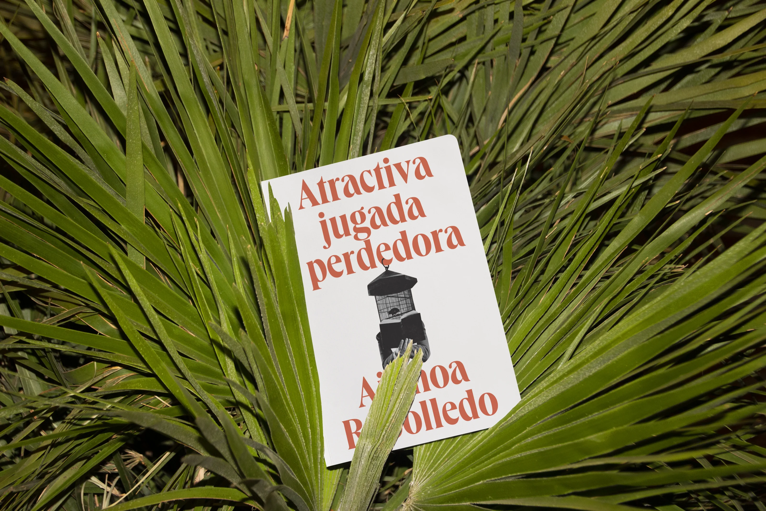 Atractiva jugada perdedora — Ainhoa Rebolledo. Book cover with hands holding a book while a birdcage replaces the head.