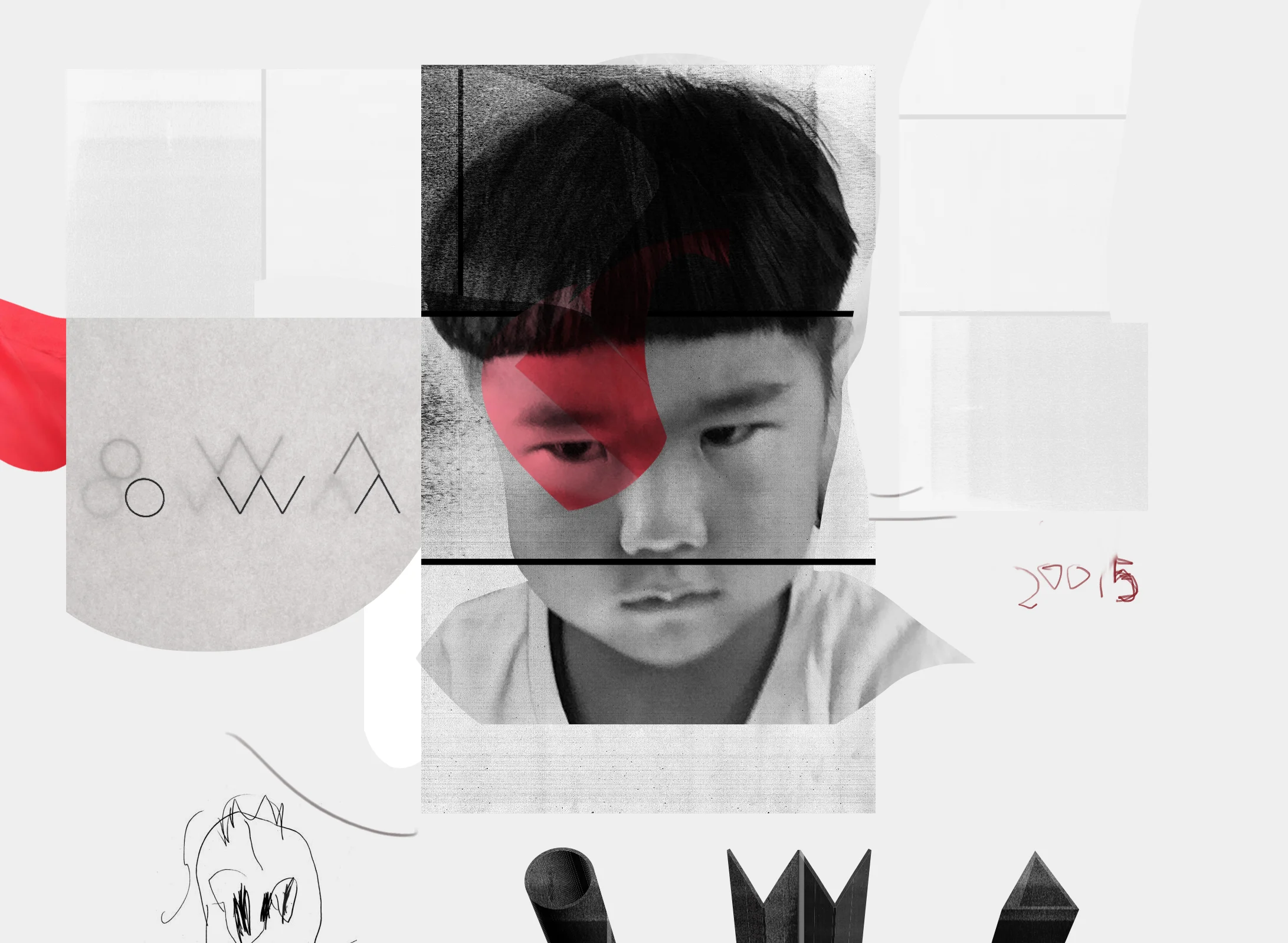 Owa Yurika — monochrome portrait with a single red mark, dated 2015