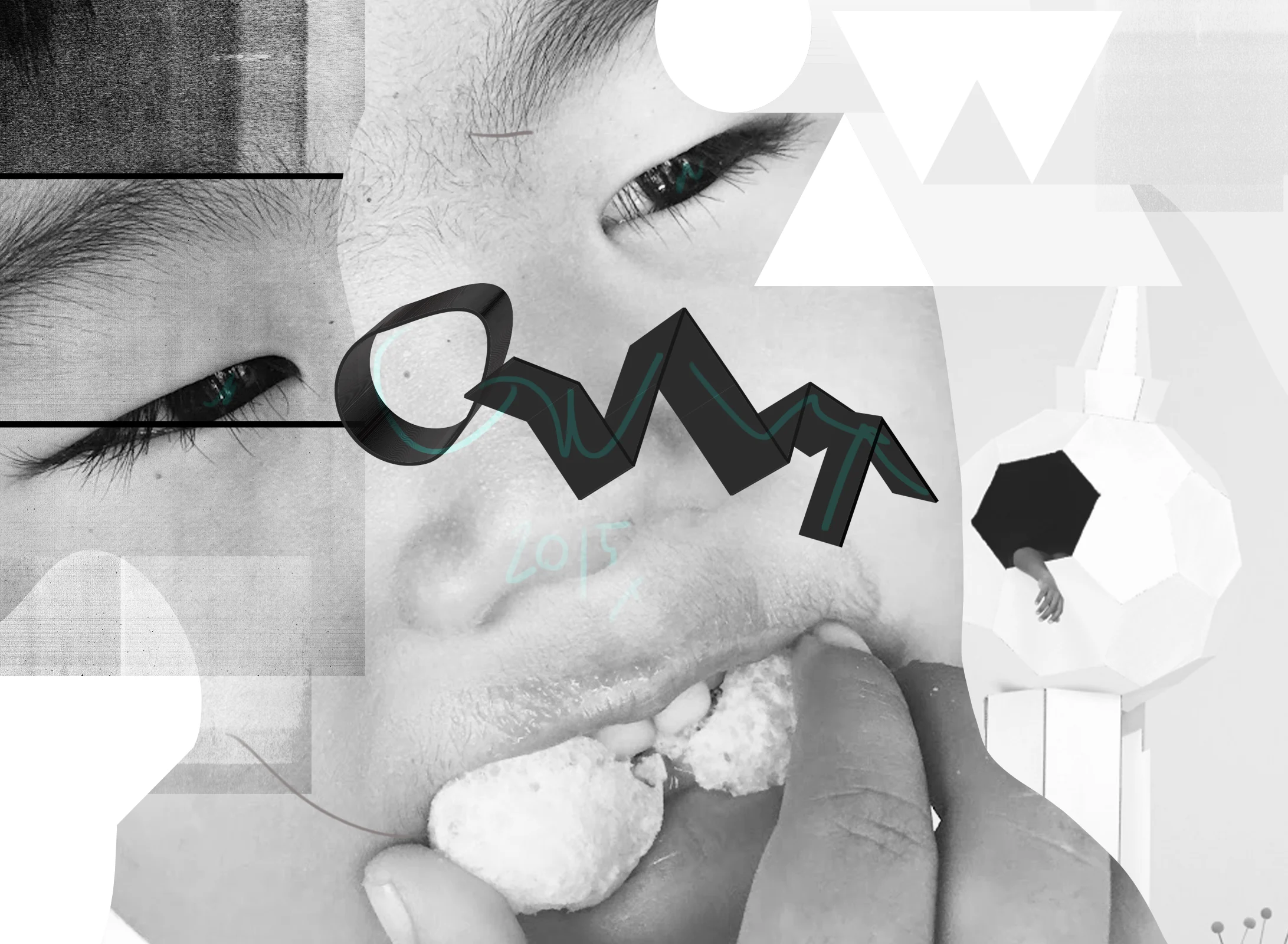 Owa Yurika — collage of the OWA mark drawn across a face