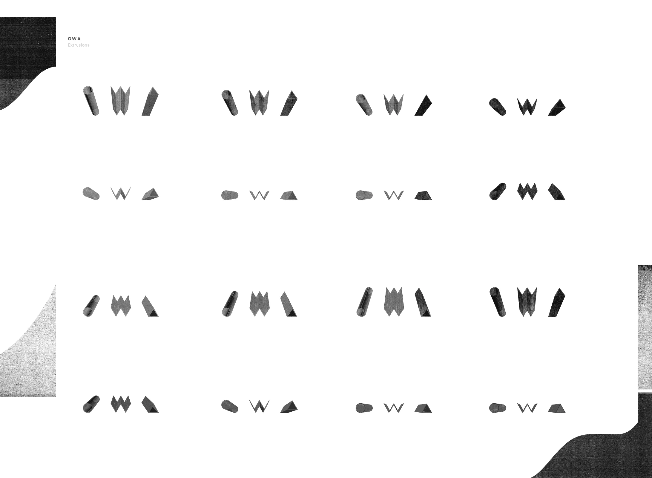 Owa Yurika — grid of logotype variations exploring weight and depth