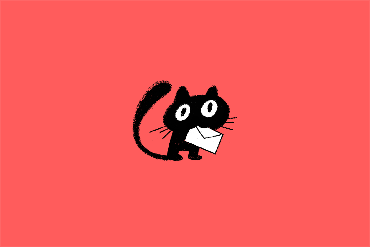 Rumicat — the logo, an almost-scribble black cat carrying an envelope, on red