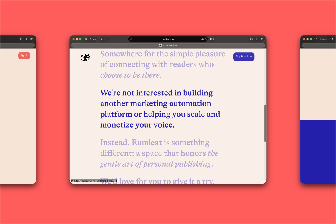 Rumicat — the about page, manifesto set in a warm serif