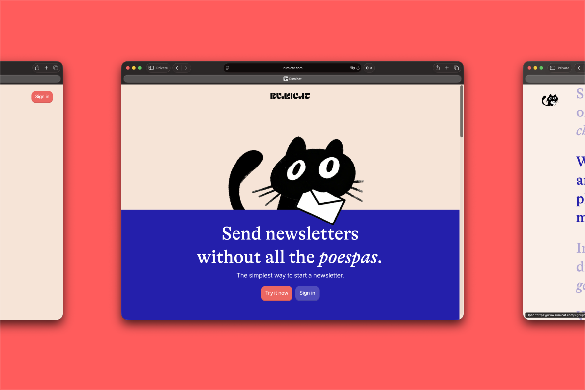 Rumicat — the landing page, peach above and deep blue below: Send newsletters without all the poespas