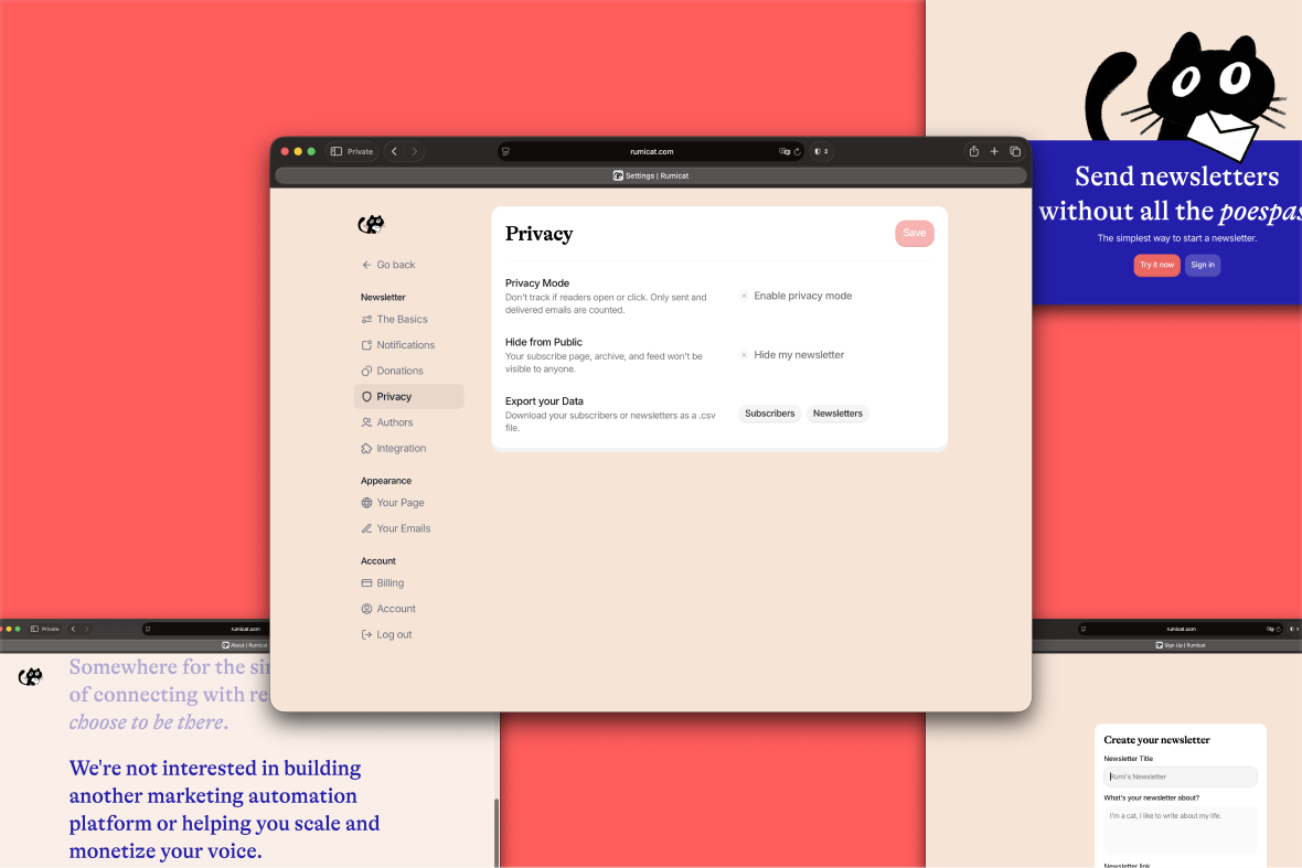 Rumicat — privacy settings: don't track opens or clicks, hide from public, export your data