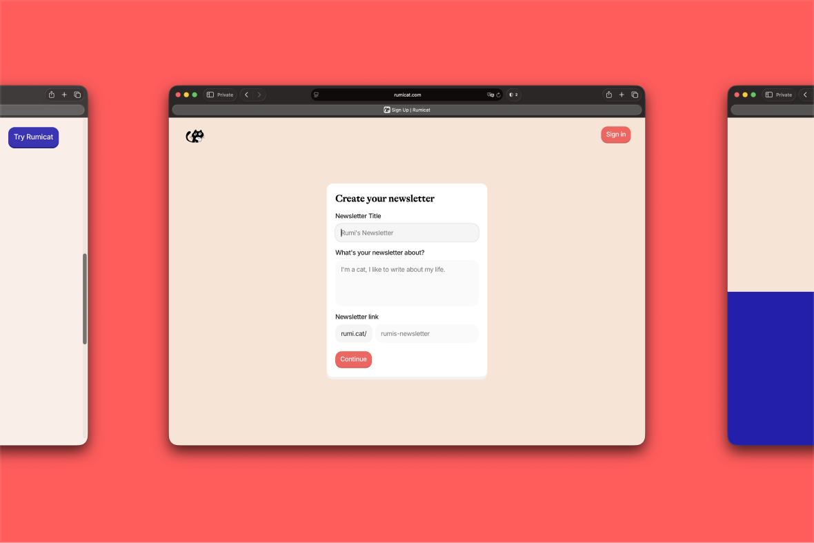 Rumicat — create your newsletter, a short form on peach