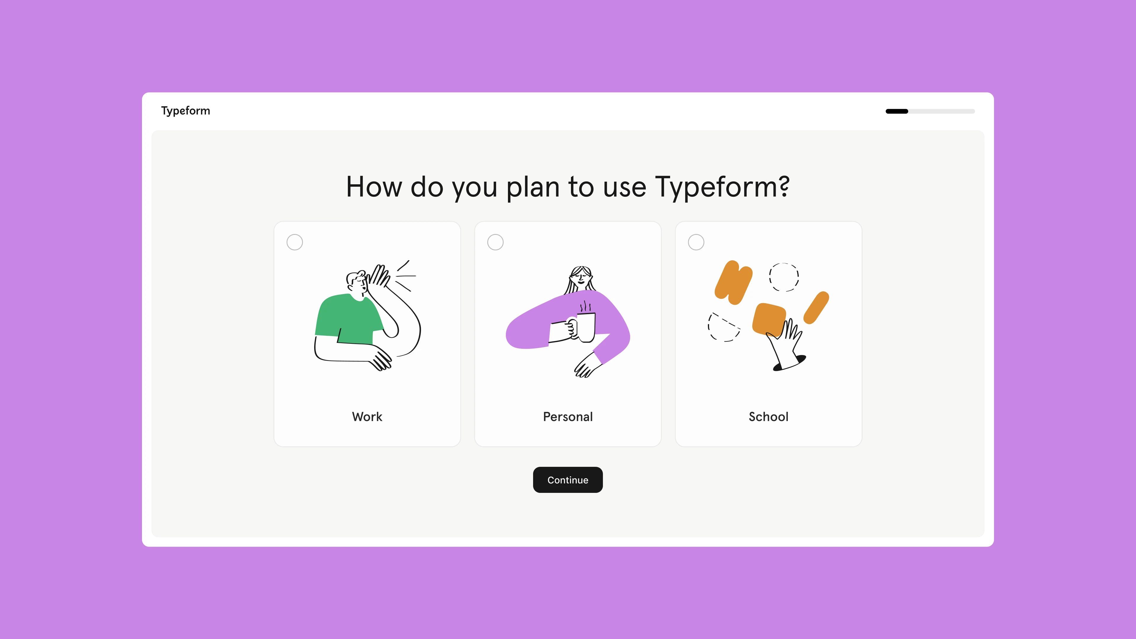 Typeform illustration language — 'How do you plan to use Typeform?' selection screen